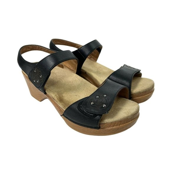 Dansko Shoes - Dansko Black Tooled Leather Open Toe Ankle Strap Studded Block Heel Sandal Sz 37